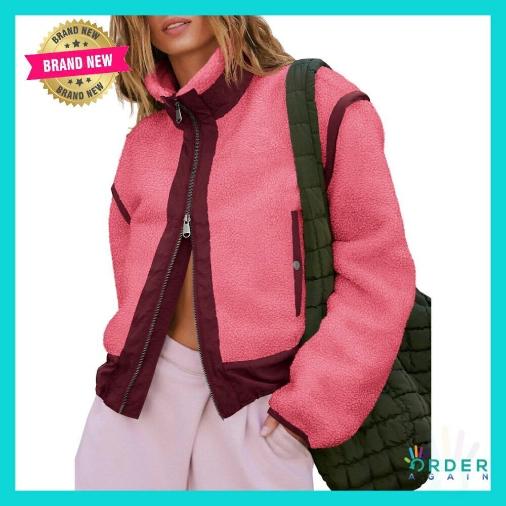 Cropped Zip Up Fleece Jacket Stand Collar Sherpa Teddy Outerwear Chic Winter